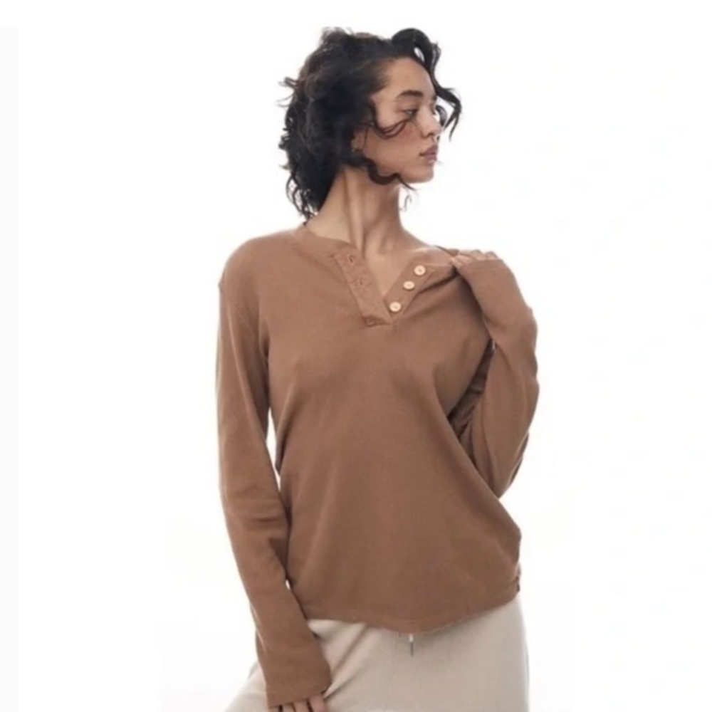 MATE the Label Women's Organic Cotton Thermal Henley Top‎ Long Sleeve in Camel